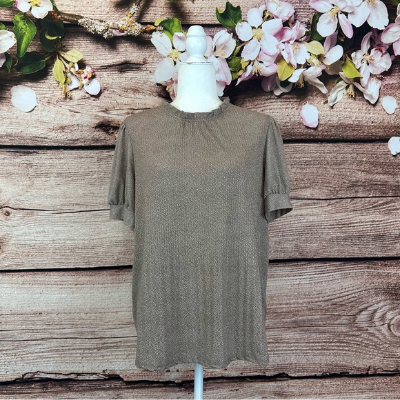 SOLD 🛍️ Adrianna Papell Women’s Brown White Polka Dits Ruffled Elegant Blouse - Picture 1 of 9